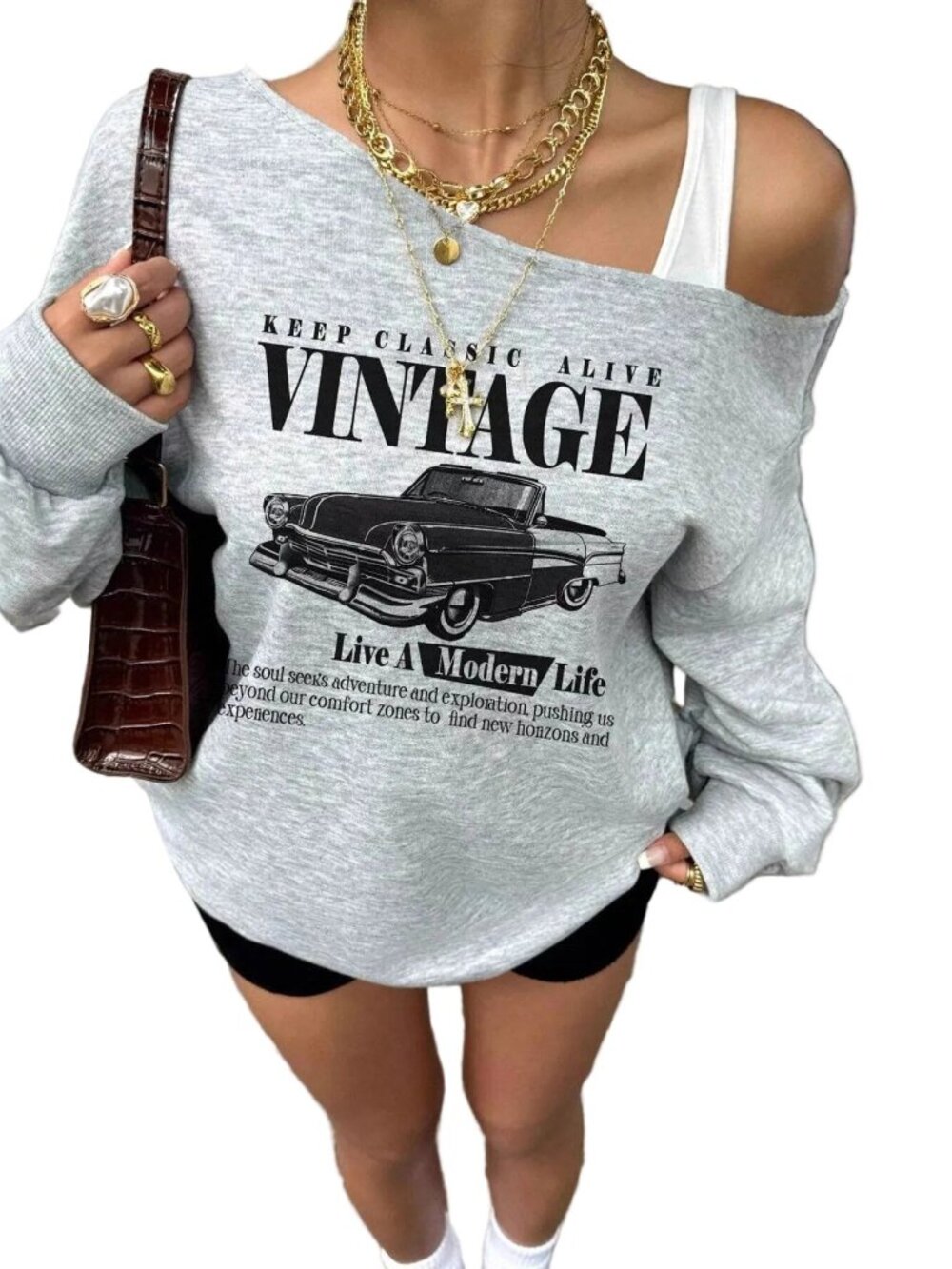 Classic Vintage Car off the Shoulder Boat Neck Long Sleeve Baggy Sweatshirt Top